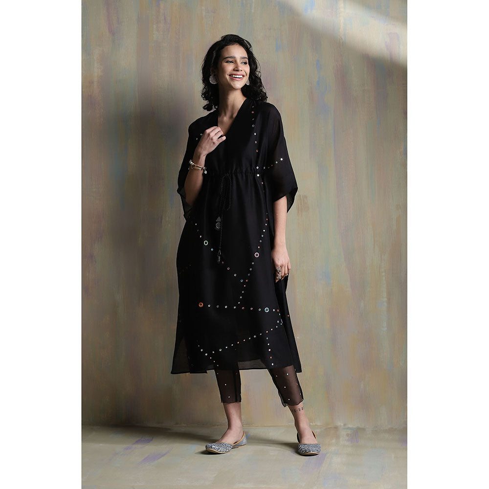 Charkhee Black Chanderi Kaftan with Pants (Set of 2)