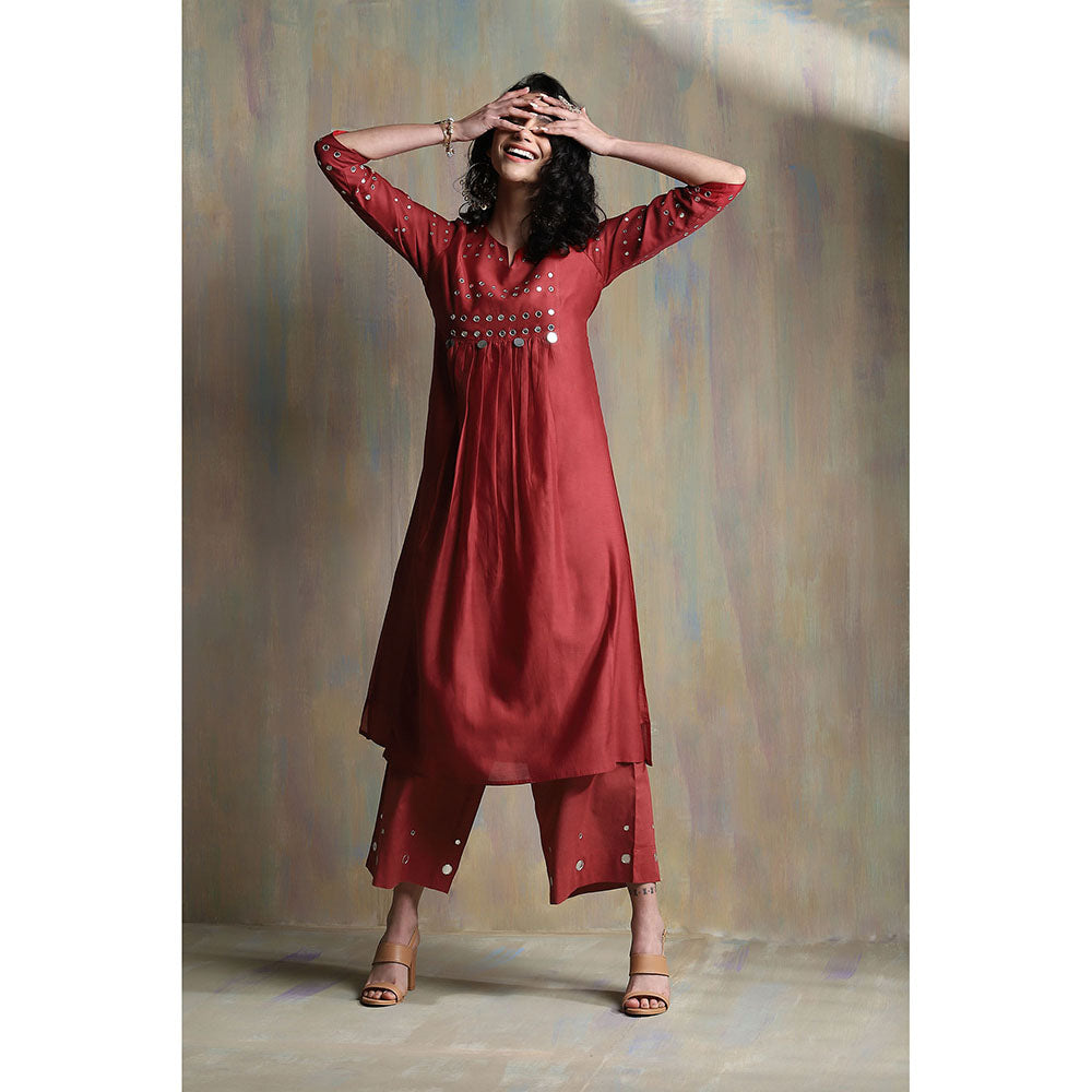 Charkhee Red Gathered Palazzo (Set of 3)