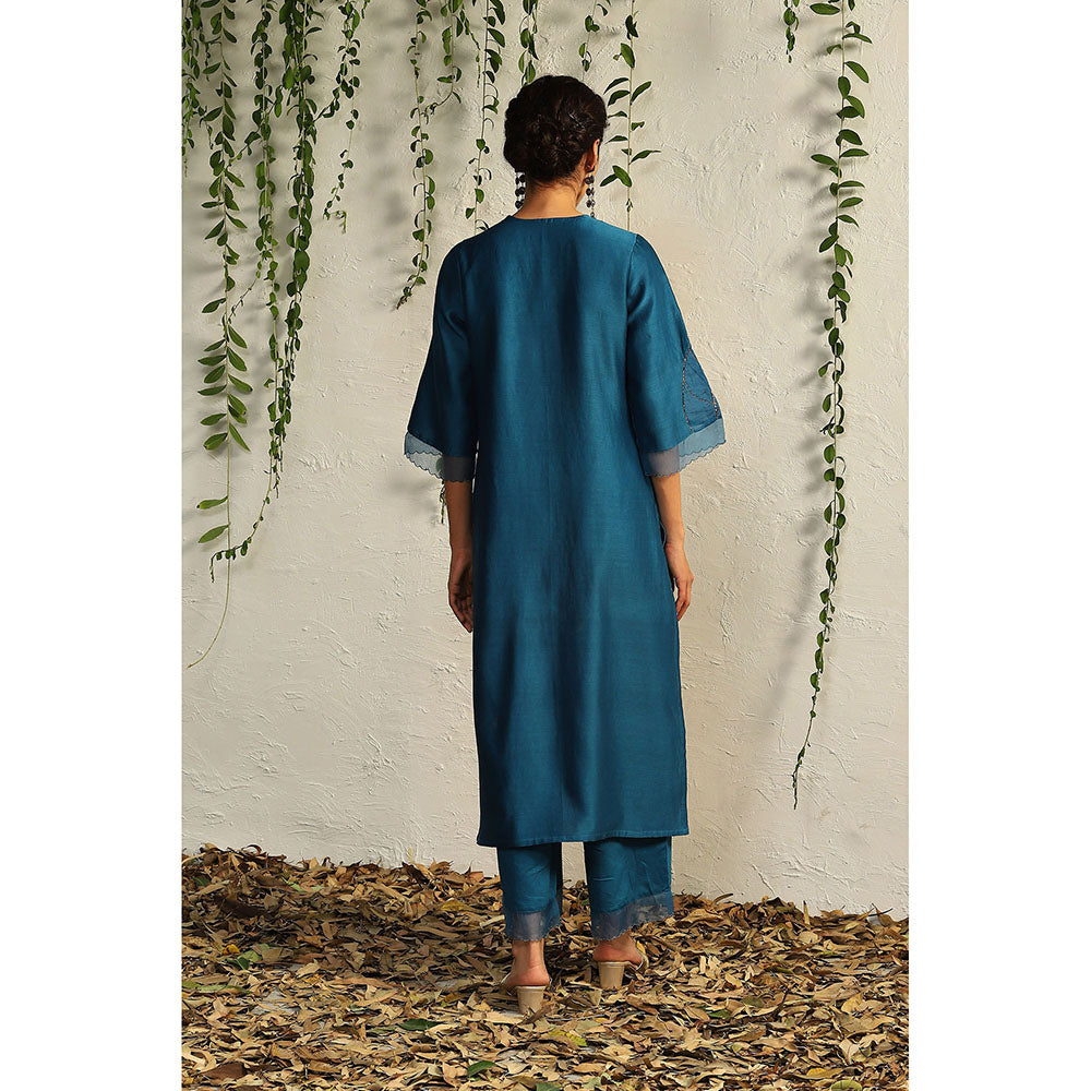 Charkhee Teal Chanderi Straight Kurta with Pants and Dupatta (Set of 3)