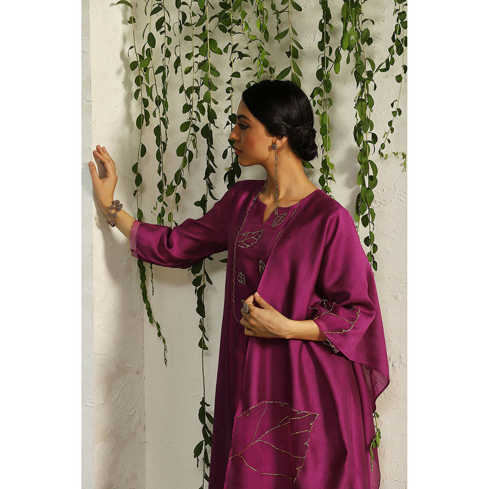 Charkhee Purple Chanderi Flowy Kurta with Pants and Dupatta (Set of 3)