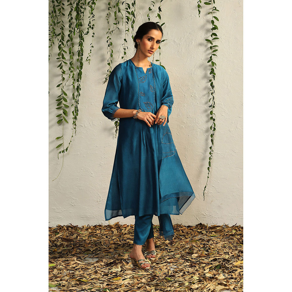 Charkhee Teal Chanderi Flowy Kurta with Pants and Dupatta (Set of 3)