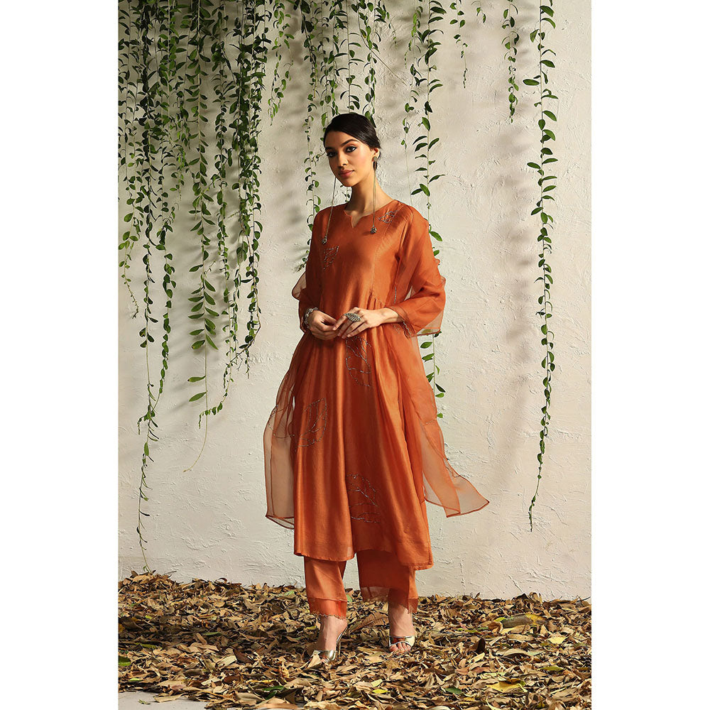 Charkhee Spice Orange Side Gathered Kurta with Pants and Dupatta (Set of 3)