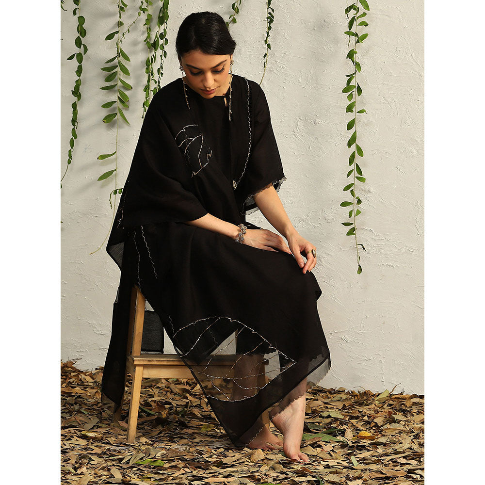 Charkhee Black Chanderi Tie-Up Kurta with Pants and Dupatta (Set of 3)