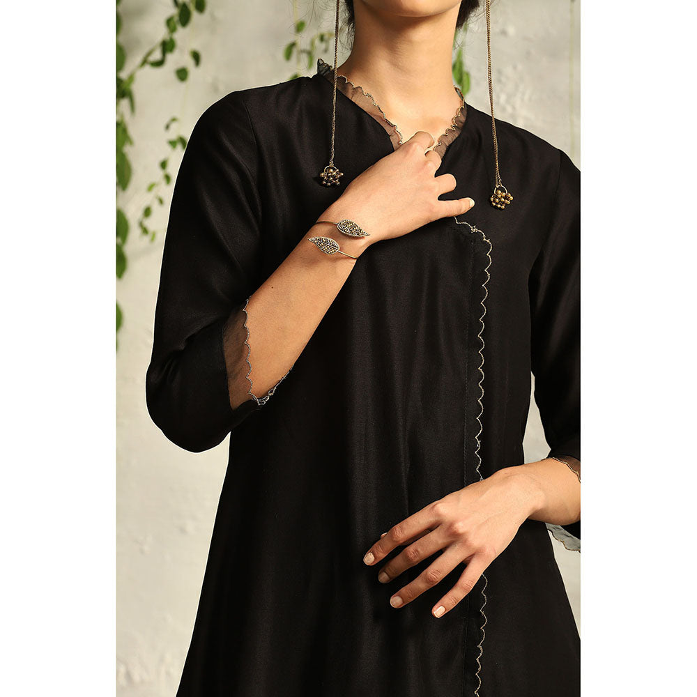 Charkhee Black Chanderi Asymmetrical Kurta with Pants and Dupatta (Set of 3)