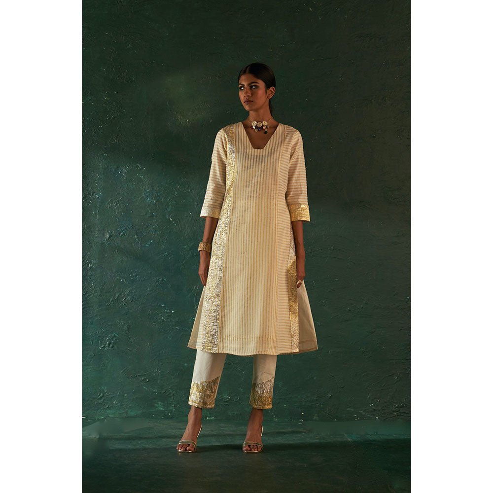 Charkhee Midas Ivory Stripe Kurta with Pant & Dupatta (Set of 3)
