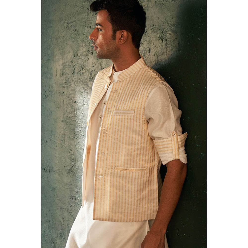 Charkhee Mens White Straight Kurta With Salwar And Jacket (Set of 3)