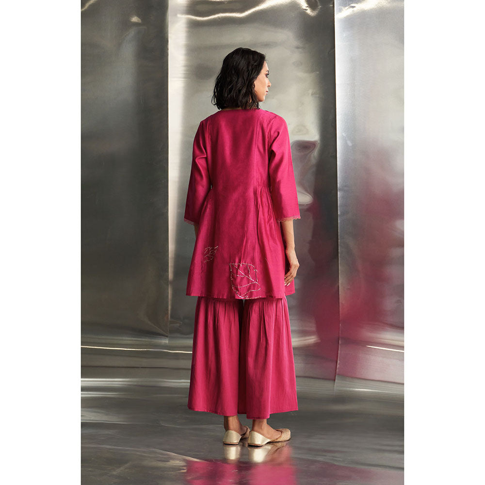 Charkhee Pop Pink Chanderi Straight Kurta with Sharara & Dupatta (Set of 3)