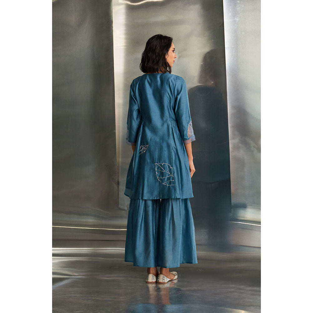 Charkhee Steel Blue Chanderi Straight Kurta Sharara Set (Set of 3)