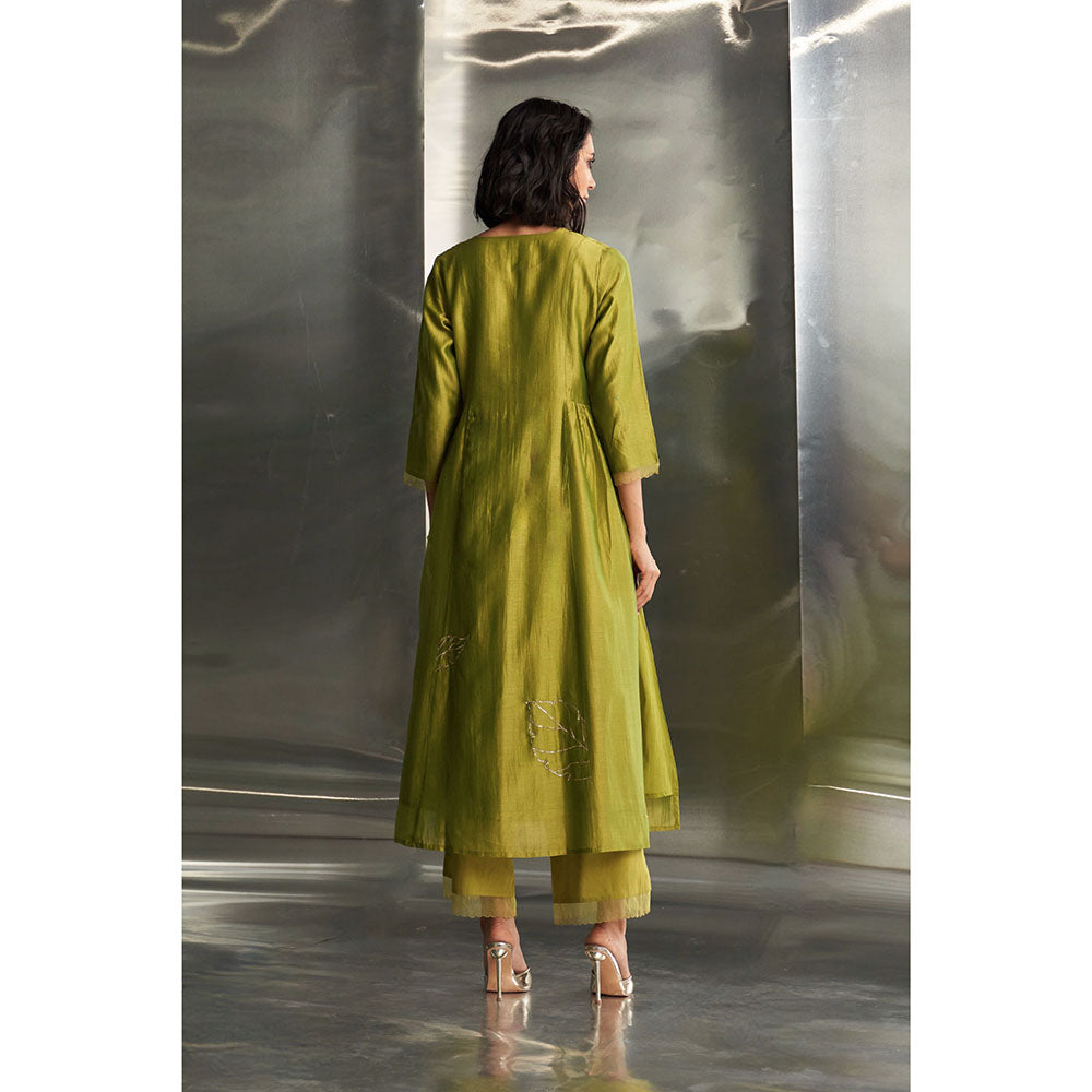 Charkhee Berry Green Side Gathered Kurta with Pant & Dupatta (Set of 3)