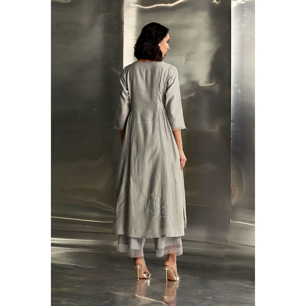 Charkhee Steel Grey Side Gathered Kurta with Pant & Dupatta (Set of 3)