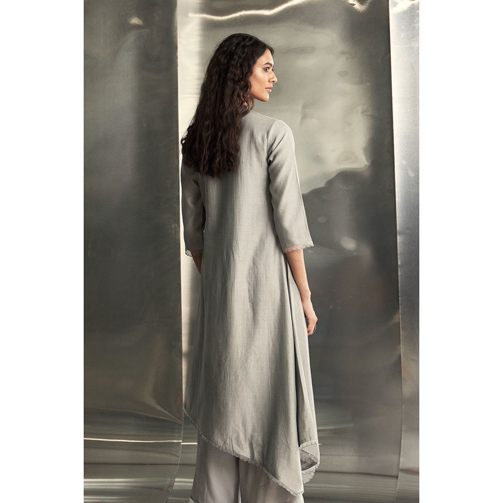 Charkhee Steel Grey Chanderi Asymmetrical Kurta with Pant & Dupatta (Set of 3)