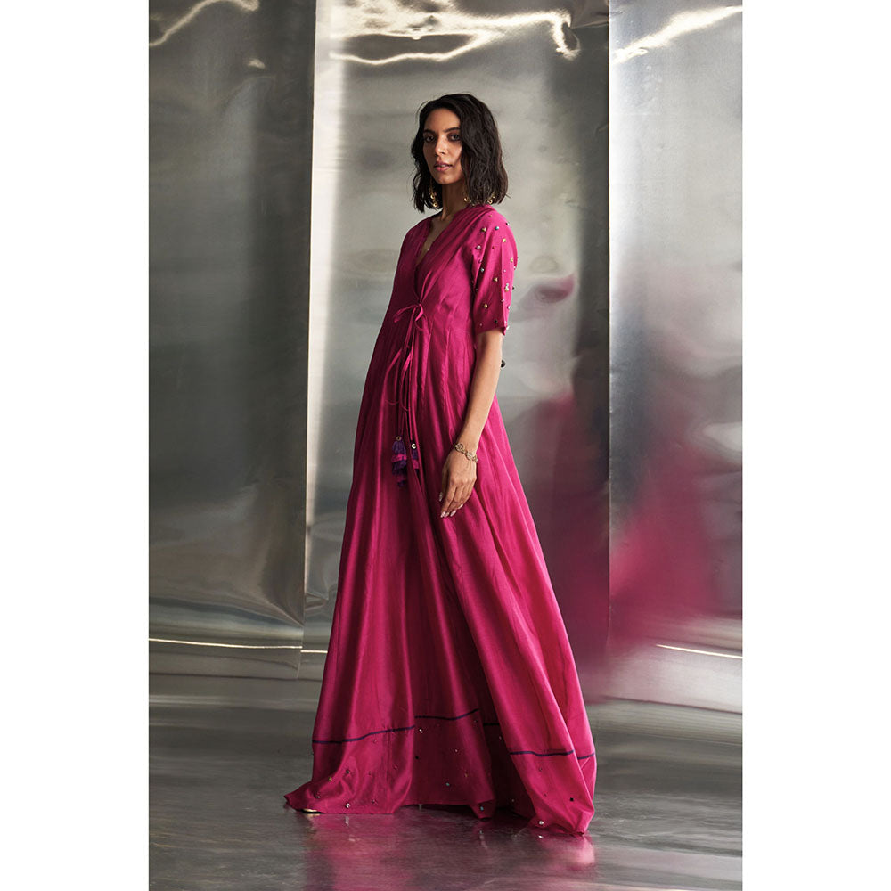 Charkhee Pop Pink Tie-Up Angarkha Wrap Kurta & Pant with Dupatta (Set of 3)