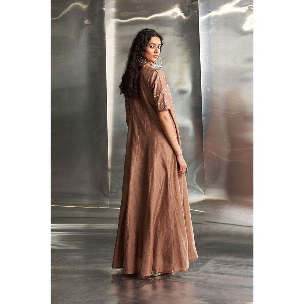 Charkhee Ginger Taupe Chanderi Angarkha Wrap Kurta & Pant with Dupatta (Set of 3)