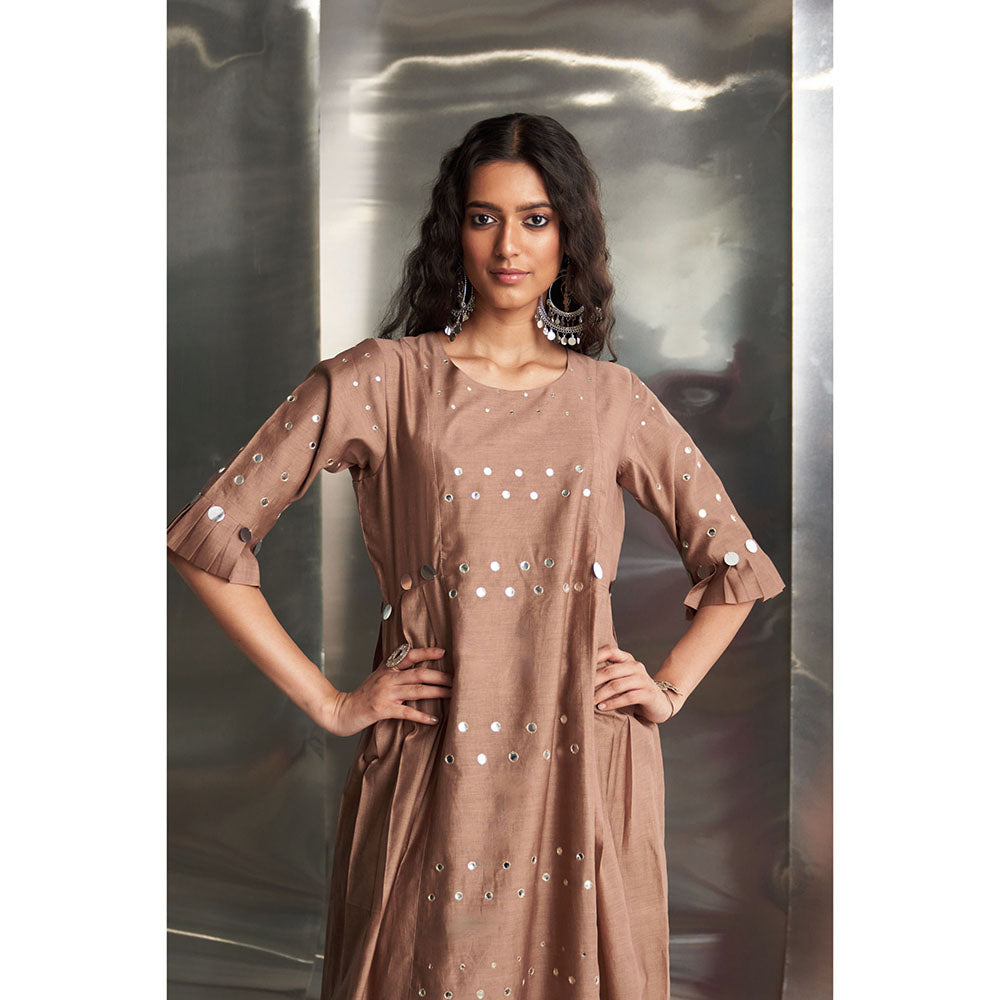 Charkhee Taupe Ginger Pleated Sleeves Kurta & Pant with Dupatta (Set of 3)