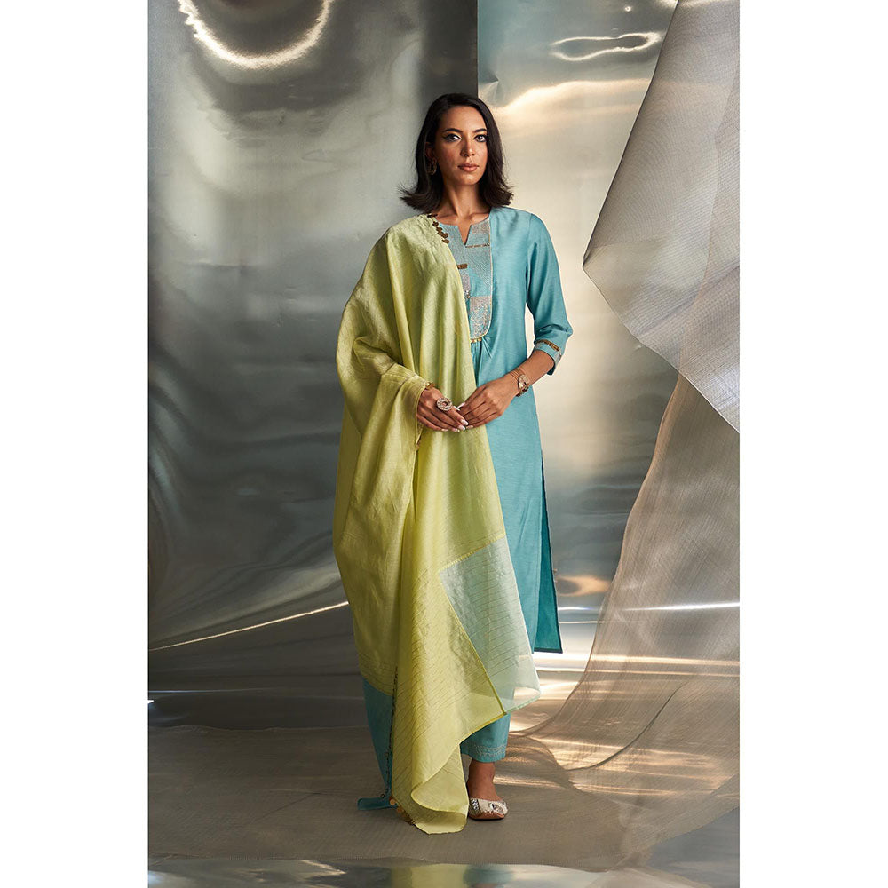 Charkhee Blue Mis'R Embroidered Gathered Kurta with Pant and Dupatta (Set of 3)