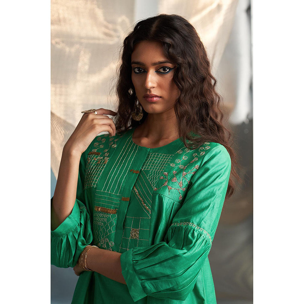 Charkhee Green Misr'S Embroidered Kurta with Pant and Dupatta (Set of 3)