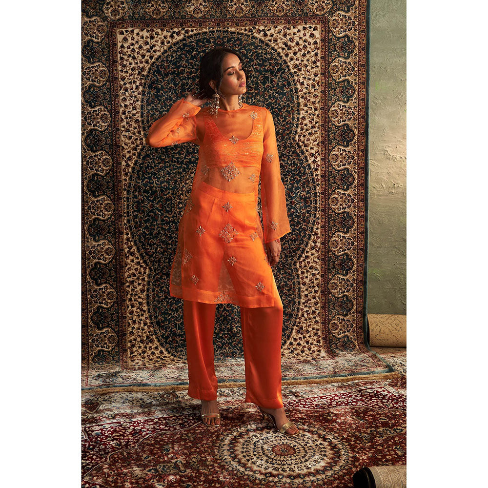 Charkhee Orange Saffron Straight Kurta with Bustier and Pant (Set of 3)