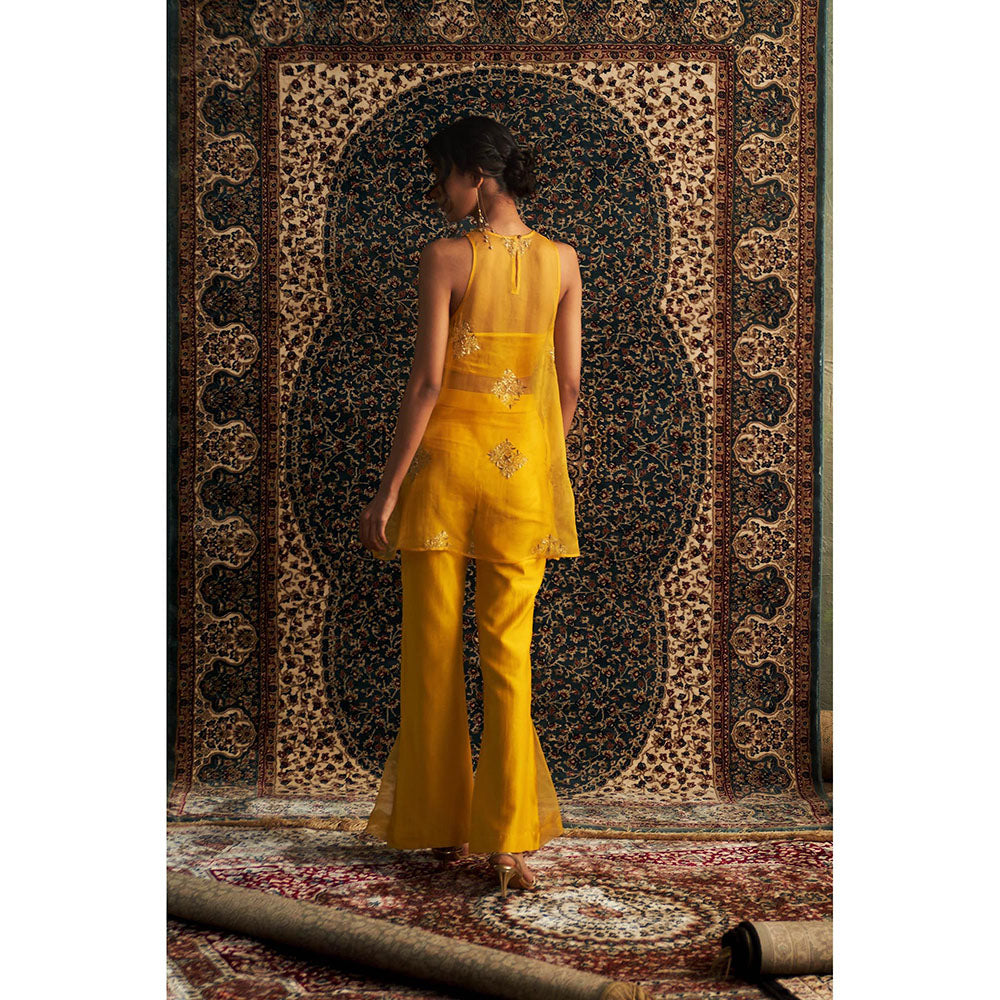 Charkhee Yellow Marigold Embroidered A-Line Kurti with Bustier and Pant (Set of 3)