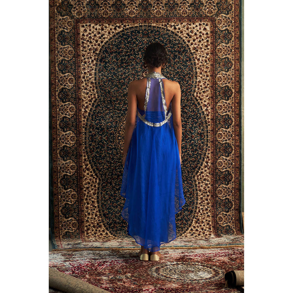 Charkhee Blue Prarambh Embroidered Cape with Bustier and Draped Skirt (Set of 3)