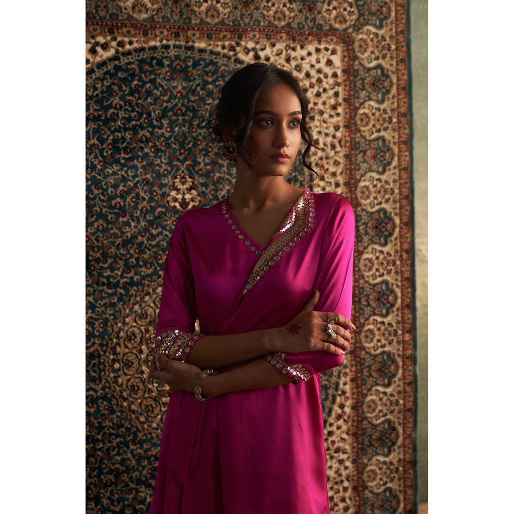 Charkhee Rani Pink Embroidered Wrap Kurti with Salwar (Set of 2)