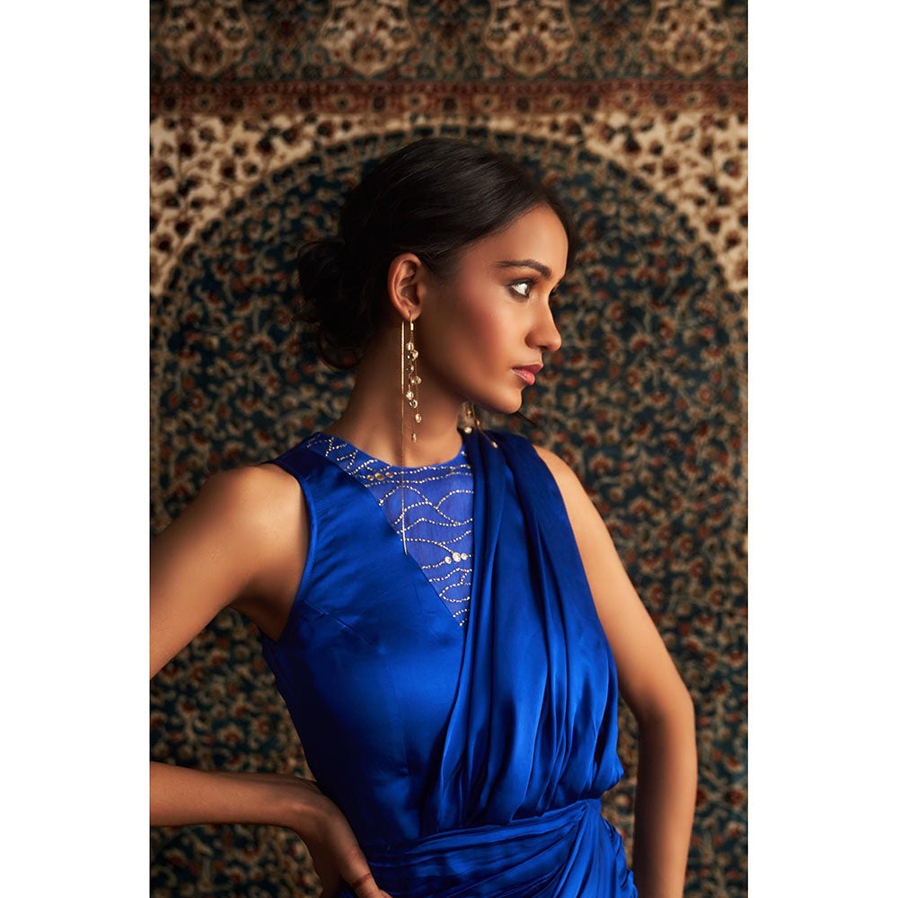Charkhee Blue Neel Embroidered Gown with Attached Draped