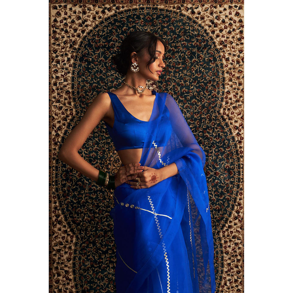 Charkhee Blue Prarambh Embroidered Organza Saree with Stitched Blouse