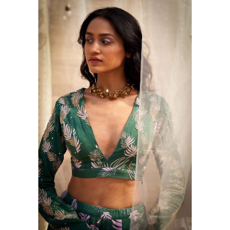 Charkhee Green Printed Lehenga with Blouse and Dupatta (Set of 3)
