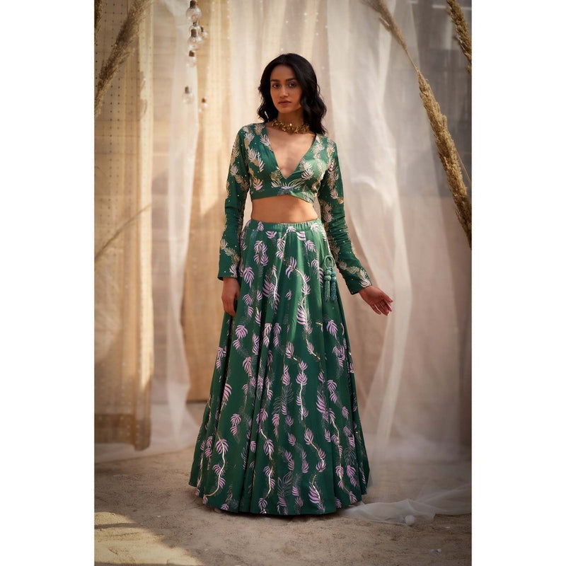 Charkhee Green Printed Lehenga with Blouse and Dupatta (Set of 3)