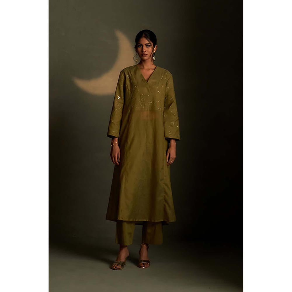 Charkhee Olive Dusk Double Yoke Kurta with Pant and Dupatta