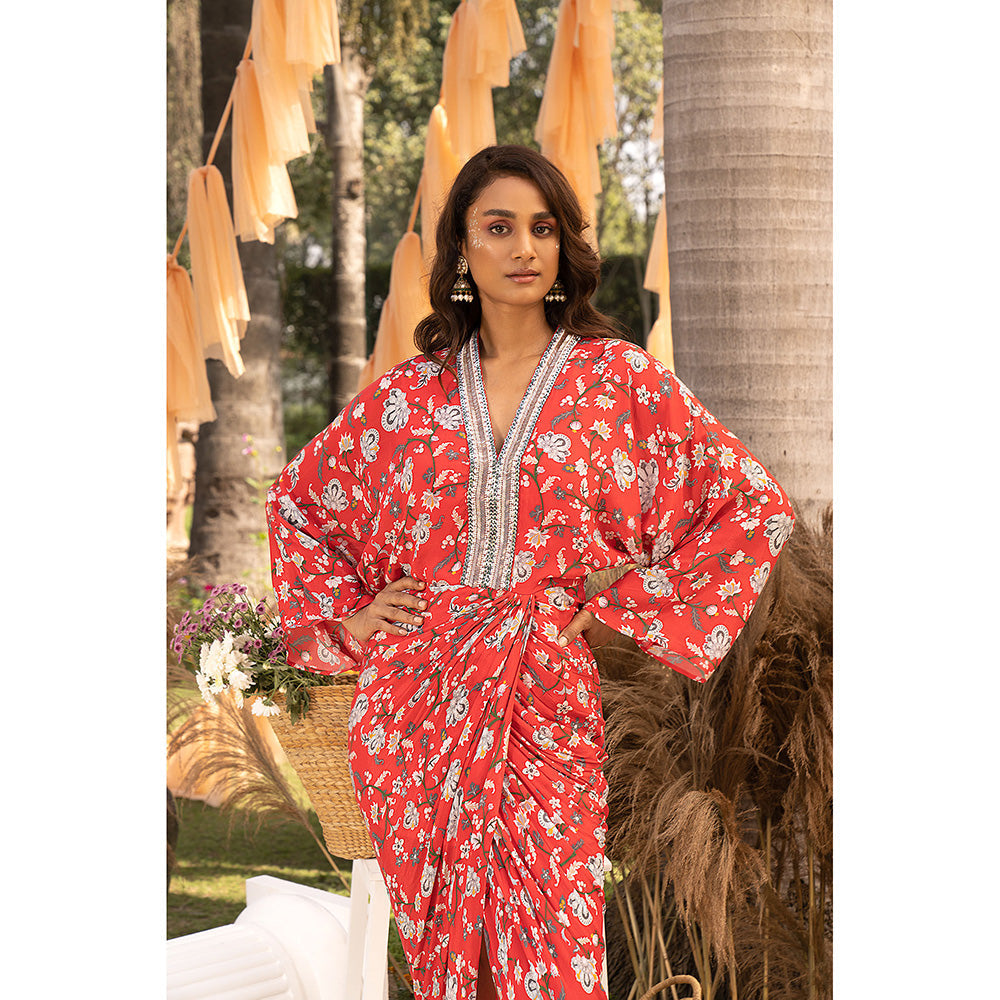 Chhavvi Aggarwal Red Floral Draped Maxi Dress