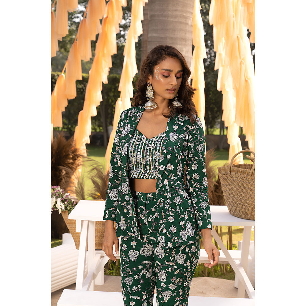 Chhavvi Aggarwal Bootle Green Floral Crop Top with Pants & Jacket Co-Ord (Set of 3)
