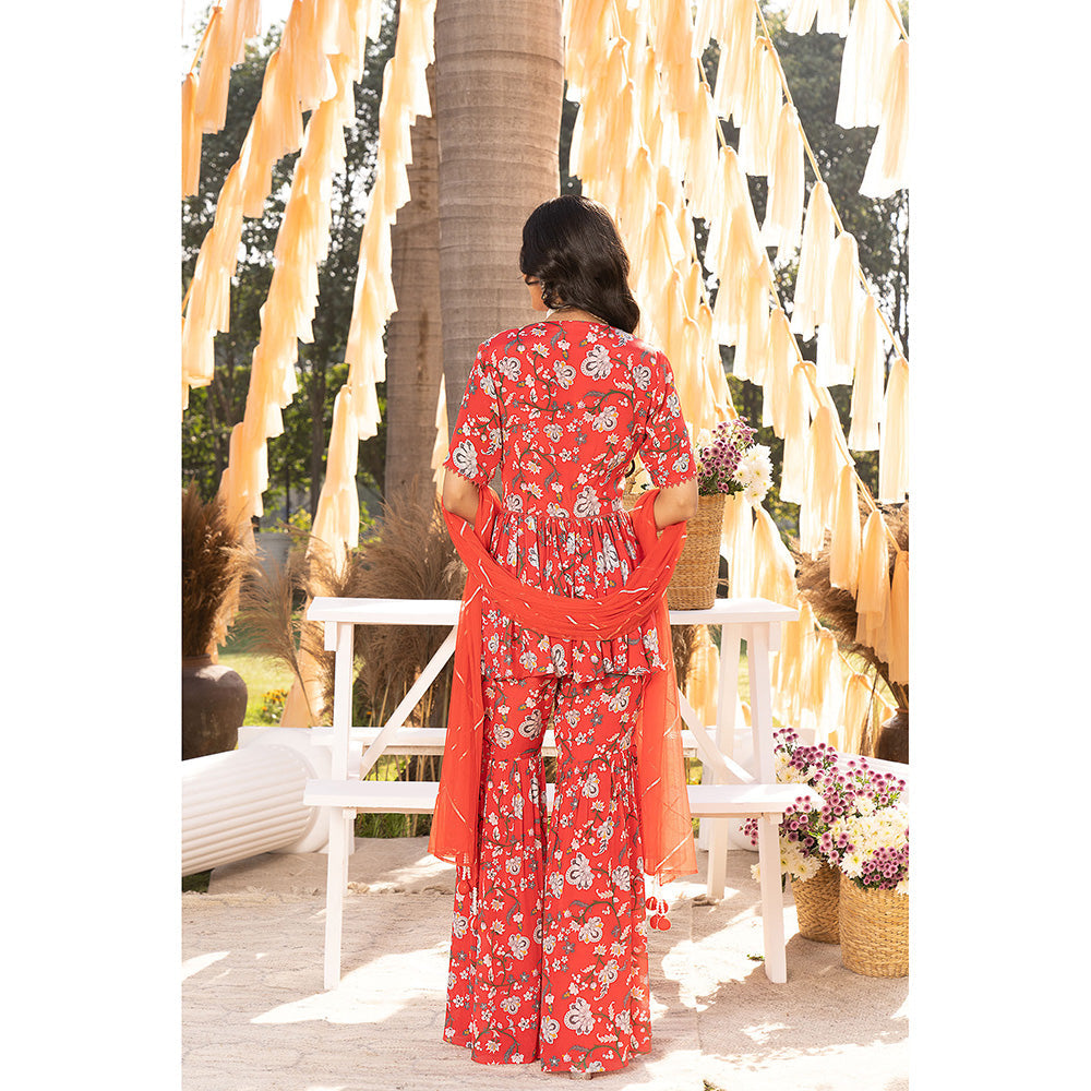 Chhavvi Aggarwal Red Floral Top with Sharara & Dupatta (Set of 3)