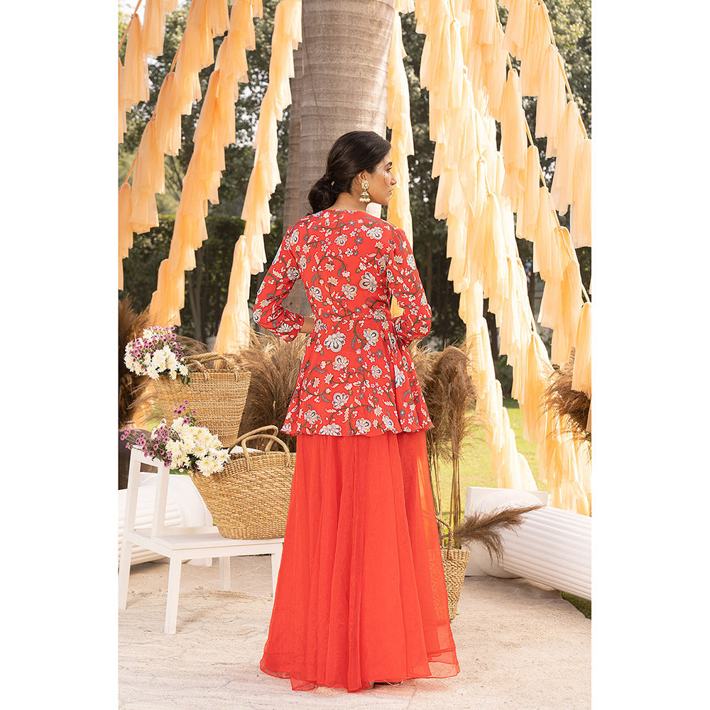 Chhavvi Aggarwal Red Floral Peplum Top & Organza Palazzos (Set of 2)