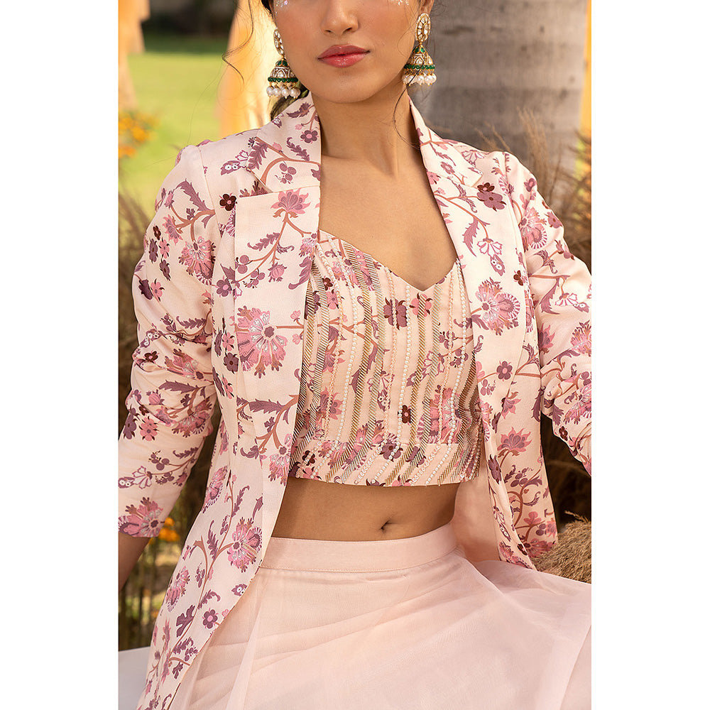 Chhavvi Aggarwal Nude Pink Organza Crop Top with Skirt & Jacket (Set of 3)