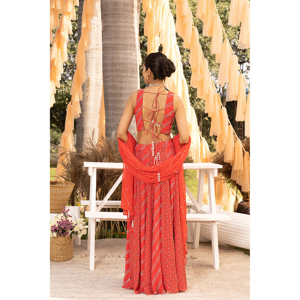 Chhavvi Aggarwal Red Printed Beads and Stone Lehenga with Choli & Dupatta (Set of 3)