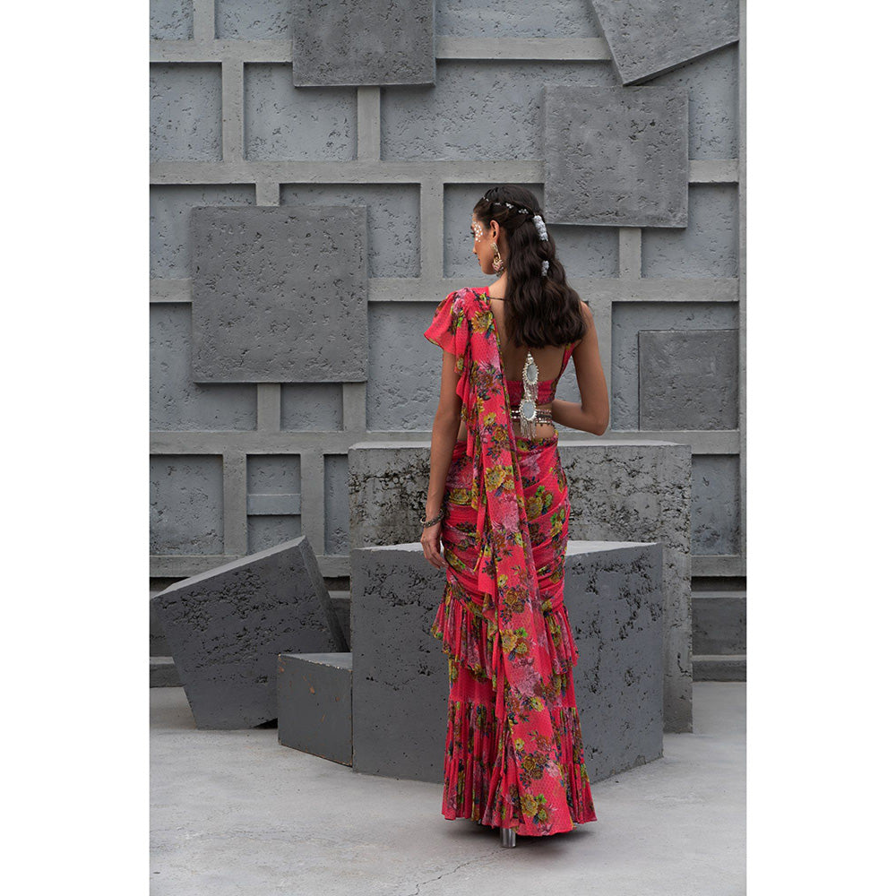 Chhavvi Aggarwal Women Floral Red Pre-Draped Sareewith Stitched Blouse & Belt