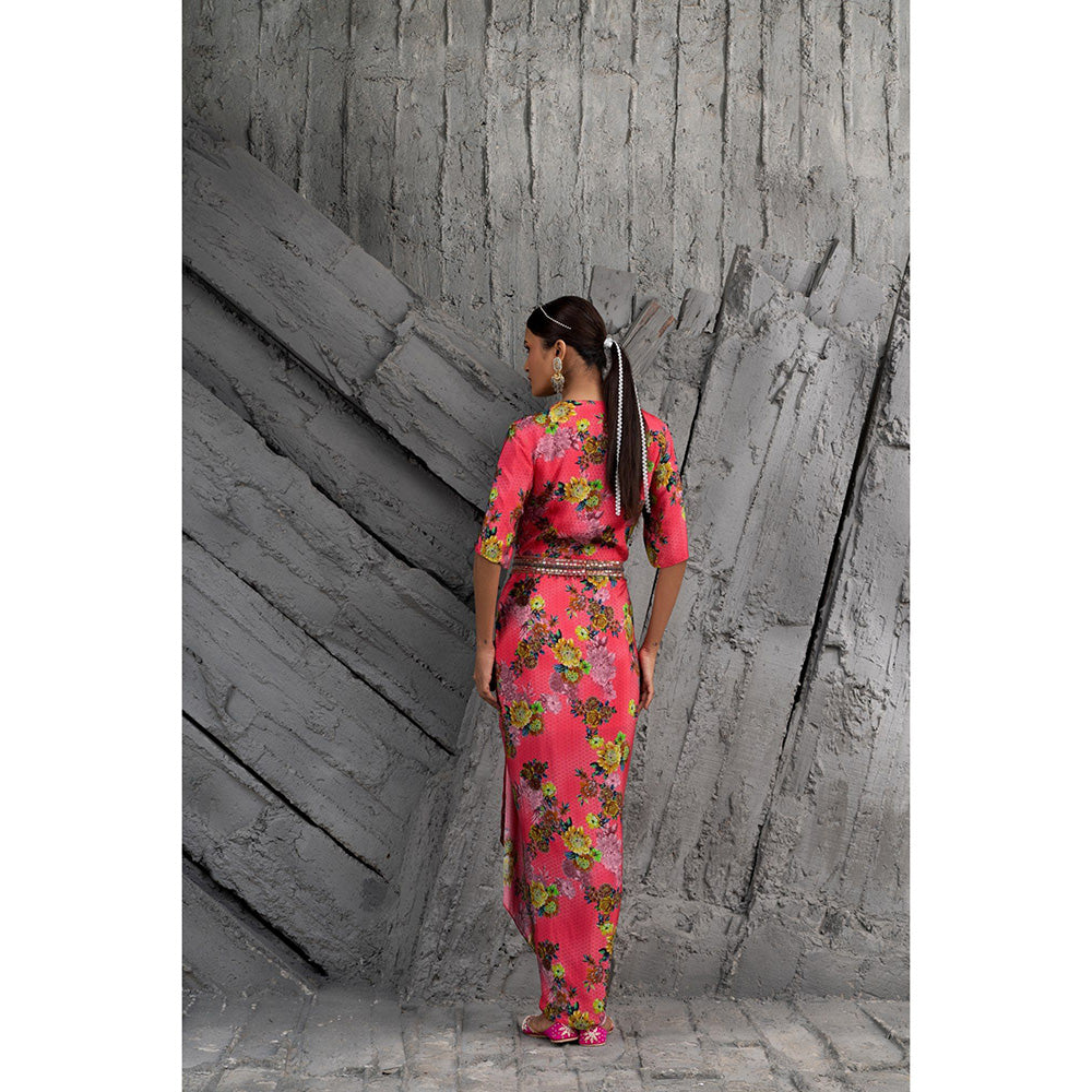 Chhavvi Aggarwal Women Floral Pink Maxi Dress with belt (Set of 2)