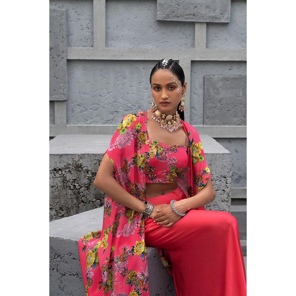 Chhavvi Aggarwal Women Floral Pink Crop Top with Skirt & Cape (Set of 3)