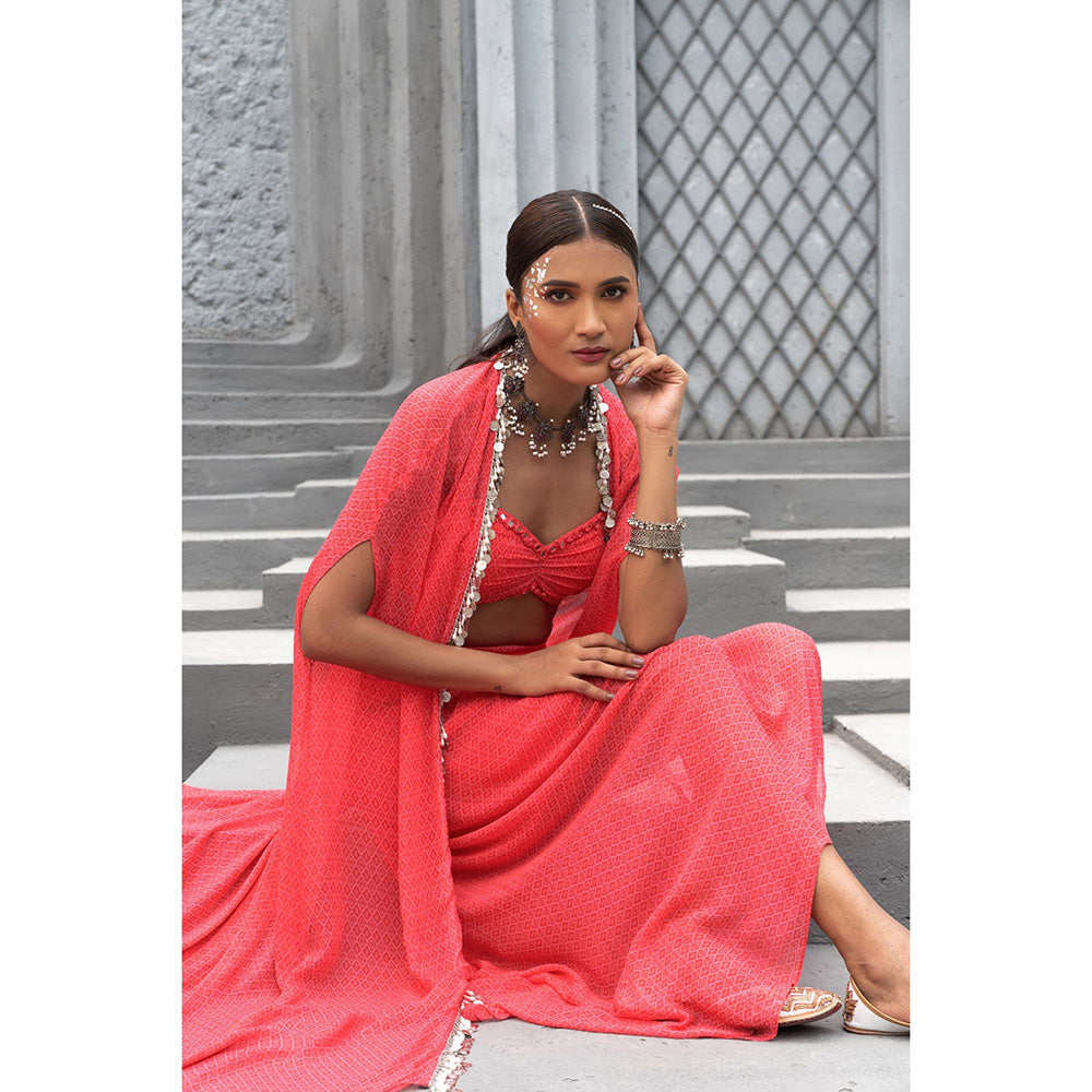 Chhavvi Aggarwal Women Printed Red Crop Top with Skirt & Cape (Set of 3)