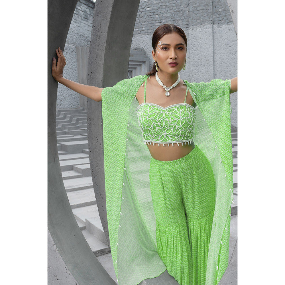 Chhavvi Aggarwal Women Printed Green Bralette with Sharara & Cape (Set of 3)