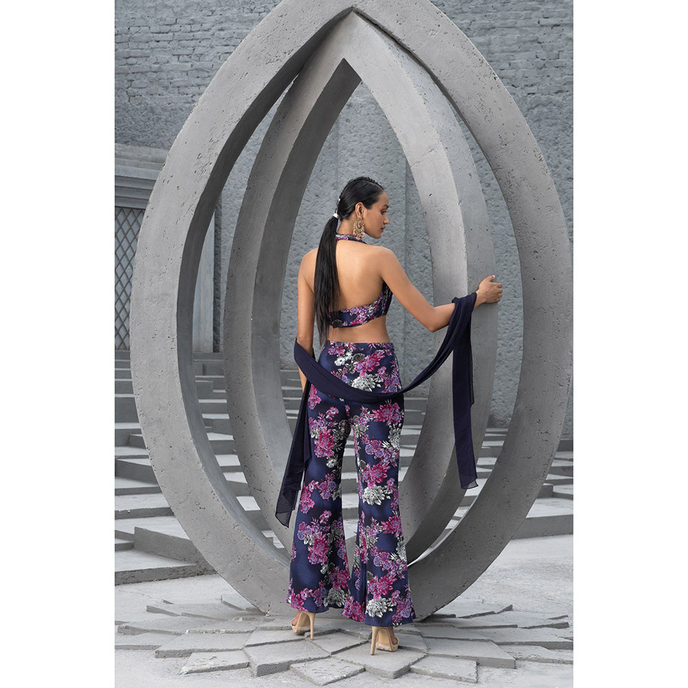 Chhavvi Aggarwal Women Floral Navy Blue Blouse with Pant & Stole (Set of 3)