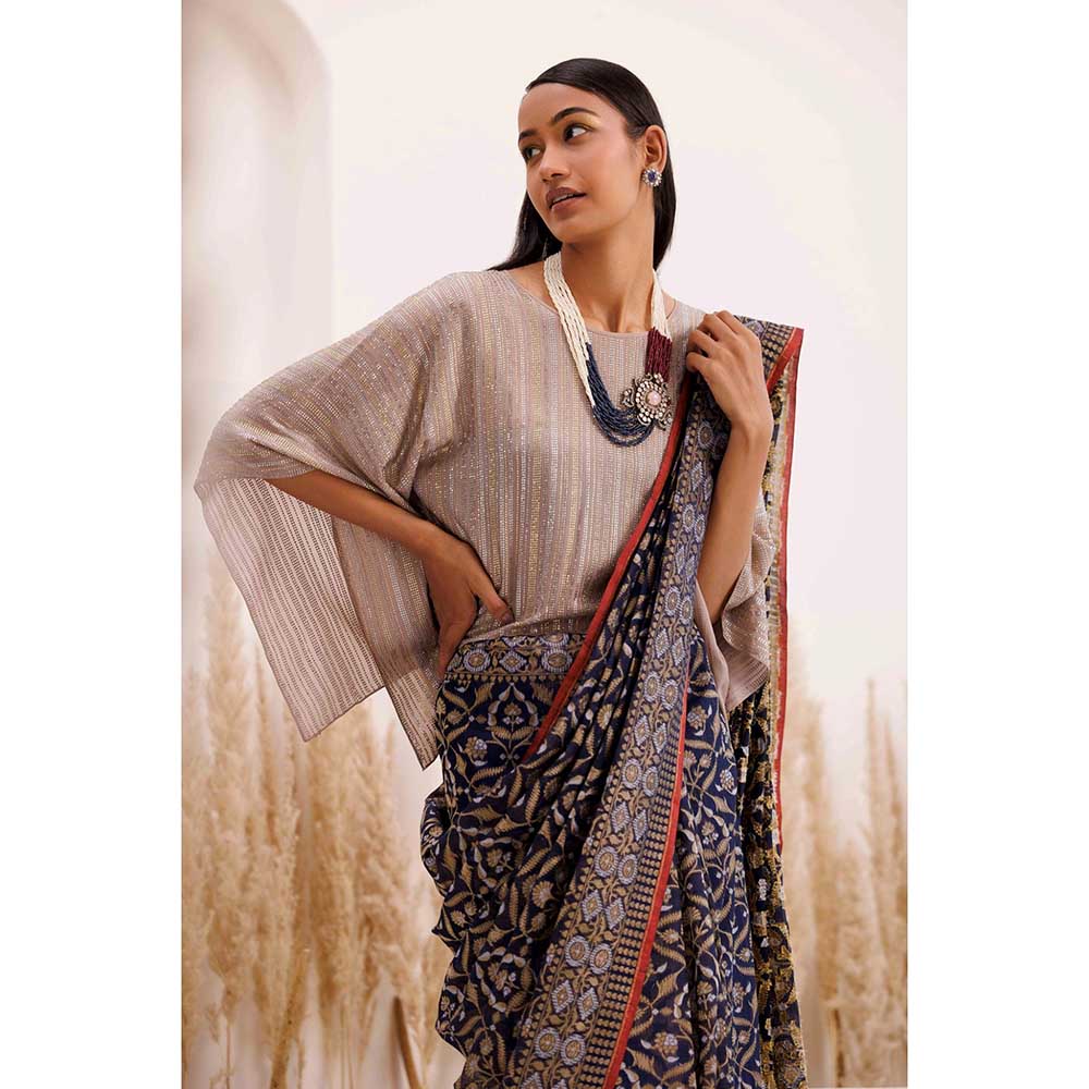 CHHAYA MEHROTRA Blue Aparaajita Saree with Stitched Blouse