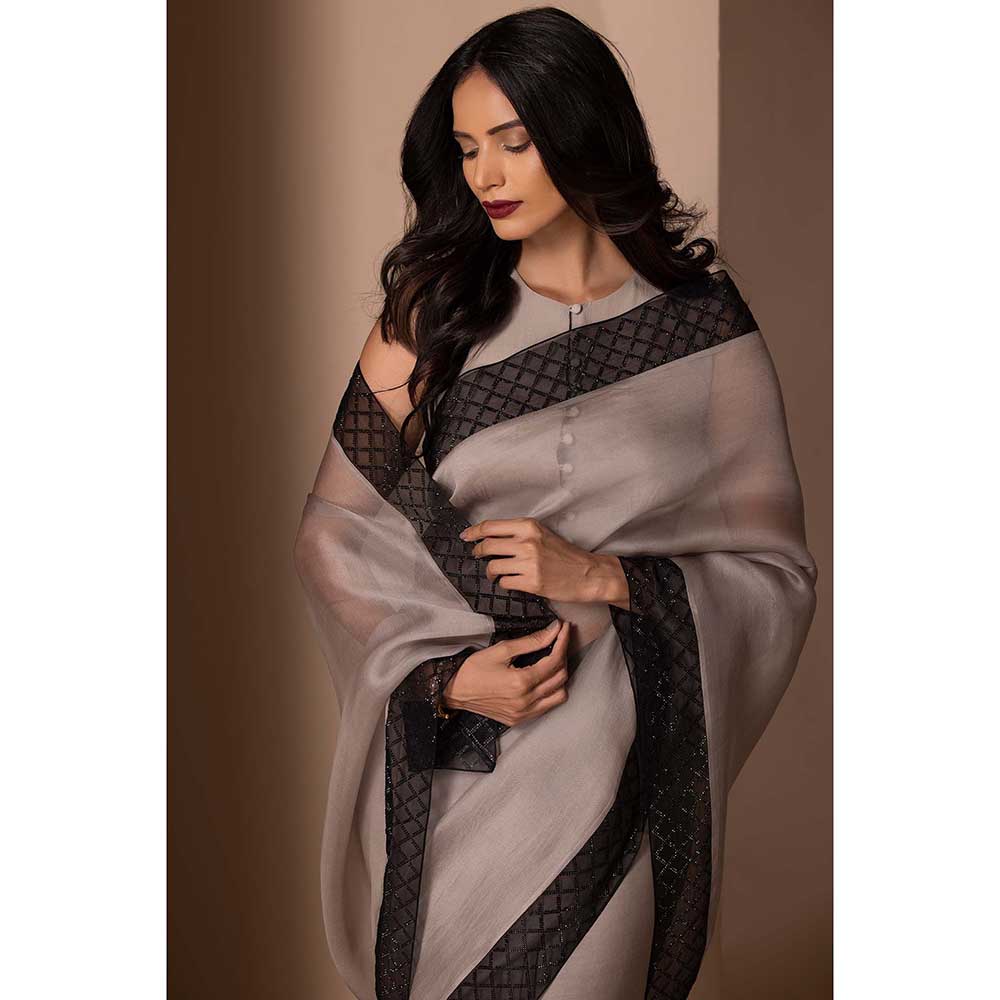 CHHAYA MEHROTRA Taupe Saanjh Saree with Stitched Blouse