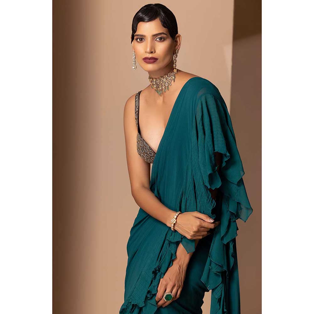 CHHAYA MEHROTRA Teal Nira Pre-Draped Saree with Stitched Blouse