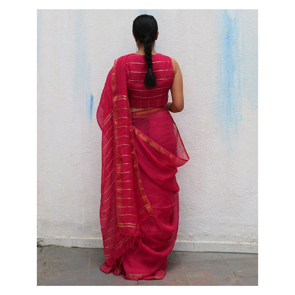 Chidiyaa Rani Pink Handwoven Linen Saree Everyday Beautiful with Unstitched Blouse