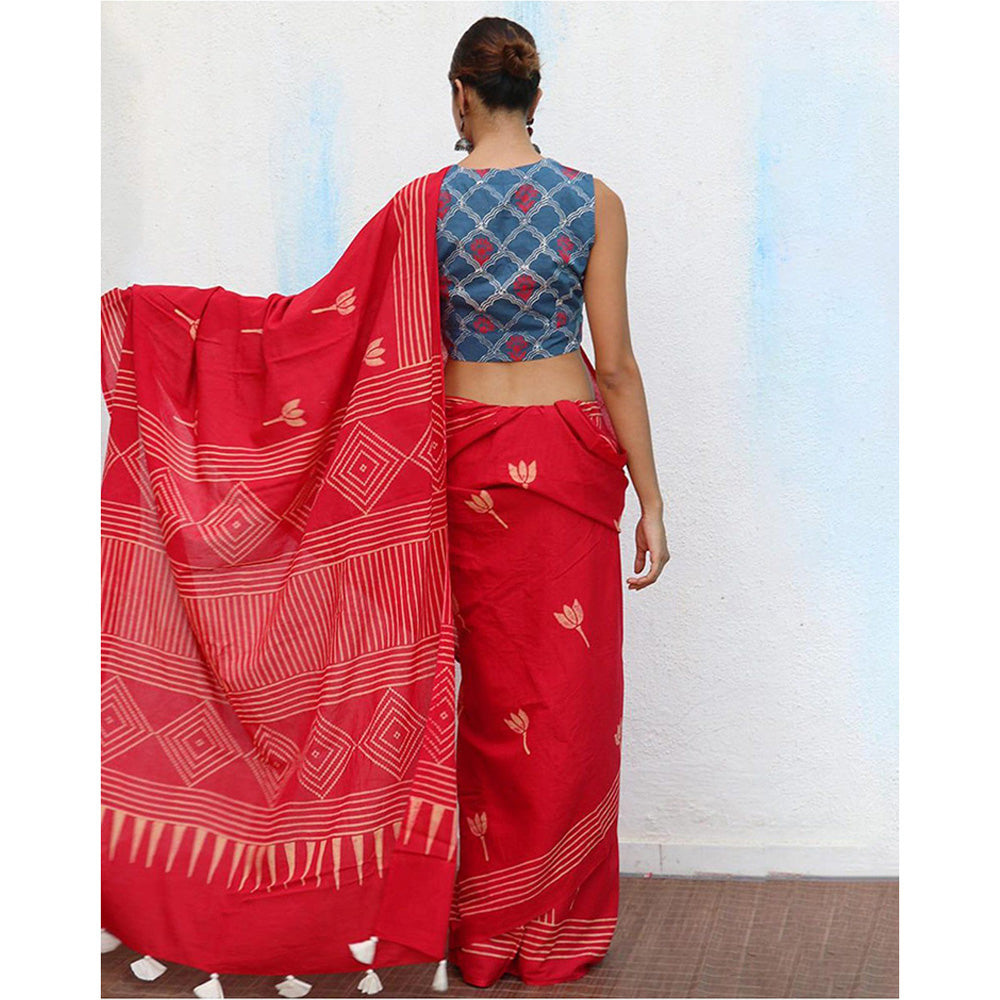 Chidiyaa Crimson Cotton Saree Fmtm with Unstitched Blouse