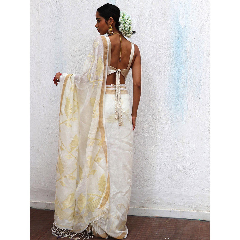 Chidiyaa Juhi Mogra Albina Jamdani Handwoven Linen Saree with Unstitched Blouse