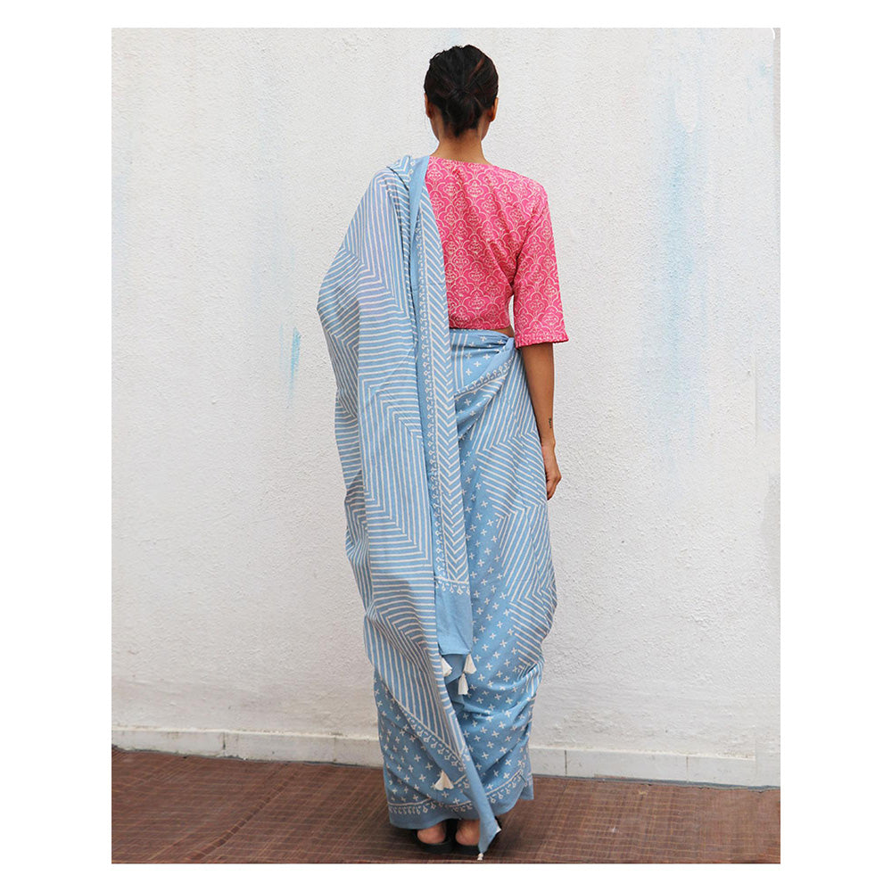 Chidiyaa Paakhi Amortentia Sky Blue Hand Block Printed Cotton Saree with Unstitched Blouse