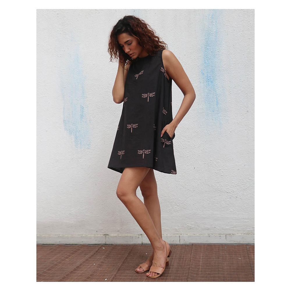 Chidiyaa Daydreaming In Monochrome Dragonflies Dance Printed Cotton Dress
