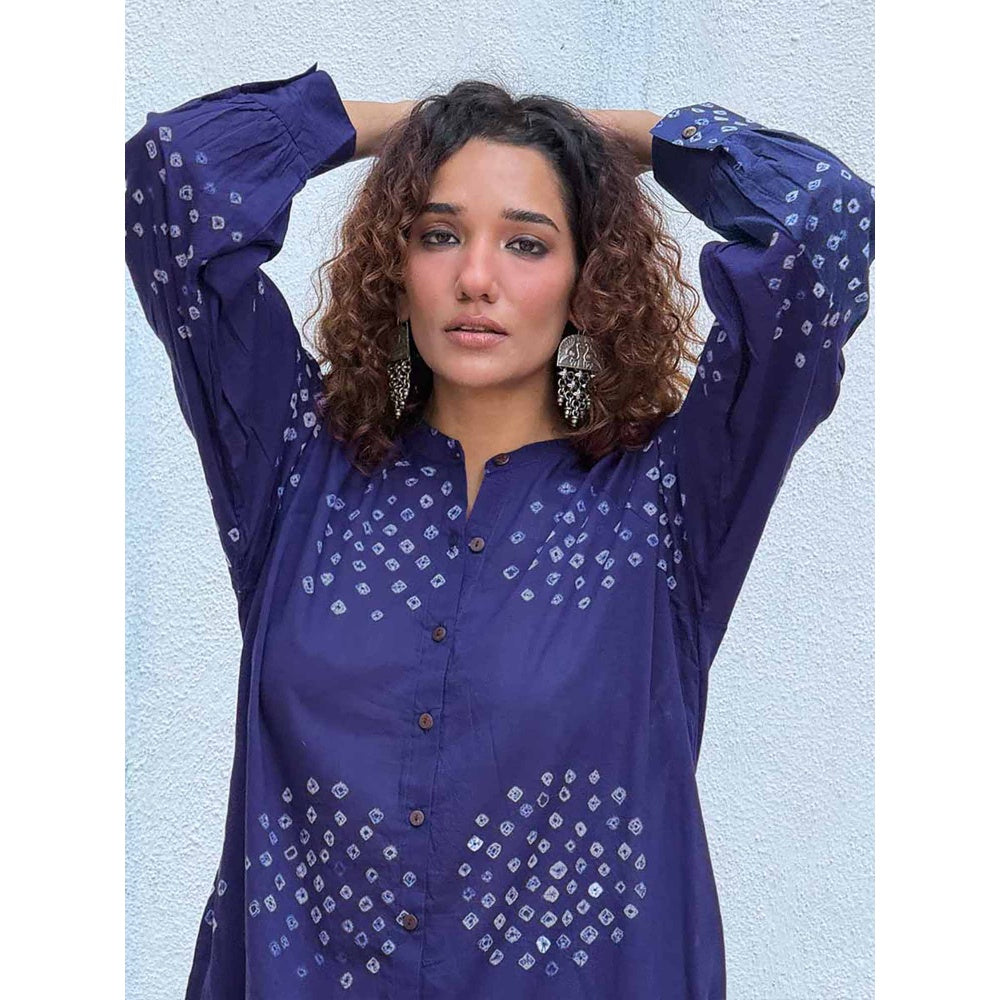 Chidiyaa Navy Blue Paper Moon Bandhej Cotton Kurta